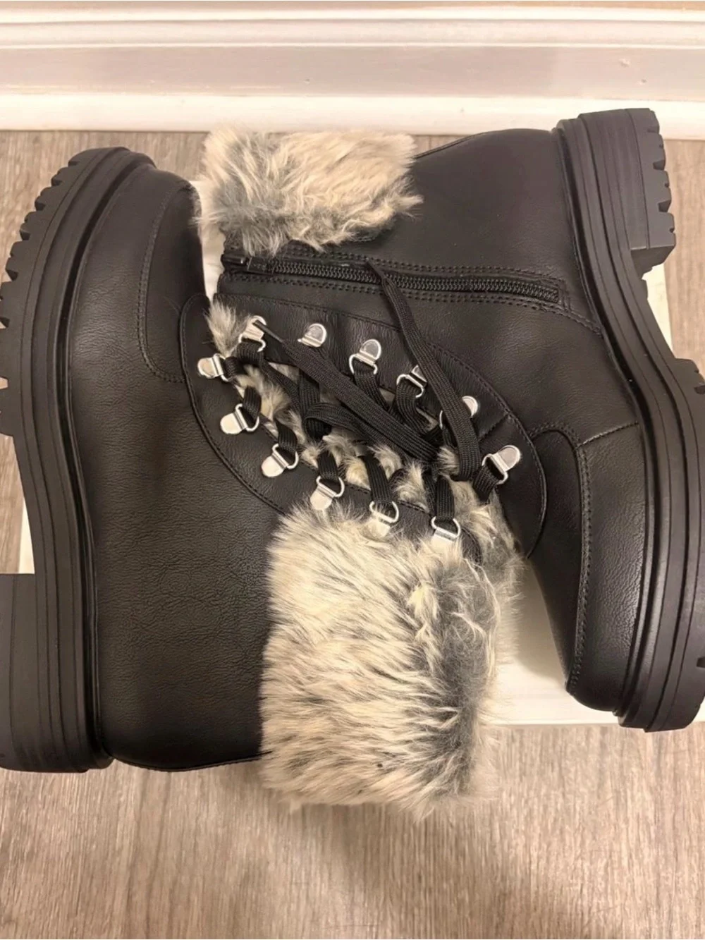 Sun + Stone Black Winter Lace-Up Boots with Gray Faux Fur Trim